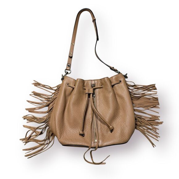 Rebecca Minkoff Tan Fringe Leather Crossbody Shoulder Bag Drawstring w/ Dust Bag - Picture 1 of 8